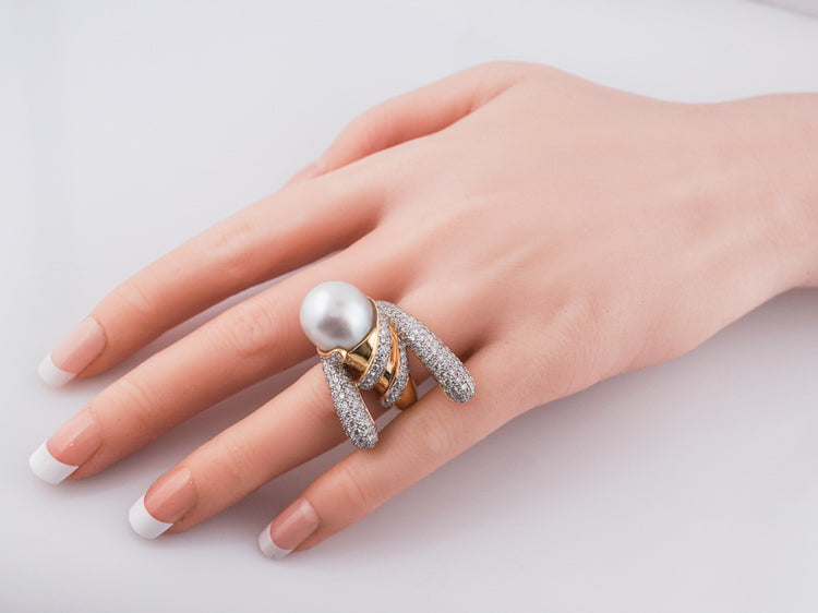 Cocktail Ring Modern Pearl and 4.18 Round Brilliant Diamonds in 18k Wh Filigree Jewelers