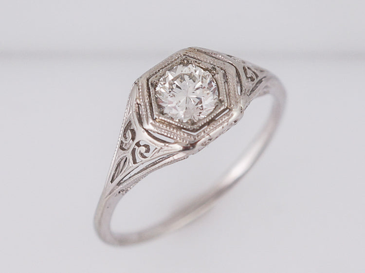 Antique Engagement Ring Art Deco .54 Old European Cut Diamond in 18k White Gold