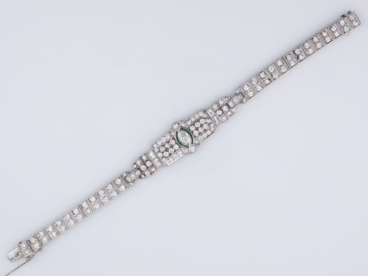 Antique Bracelet Art Deco 2.99 Old European Cut Diamond & .07 Emeralds in PlatinumComposition: Platinum Total Diamond Weight: 2.99ct Total Gram Weight: 21.10 g