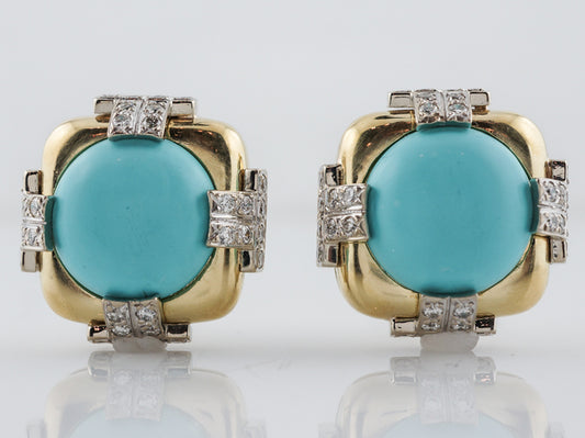 Vintage Mid-Century Earrings Cabochon Cut Turquoise & 2.56 Round Brilliant Cut Diamonds in 18k Yellow Gold