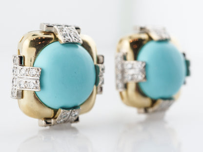 Vintage Mid-Century Earrings Cabochon Cut Turquoise & 2.56 Round Brilliant Cut Diamonds in 18k Yellow Gold