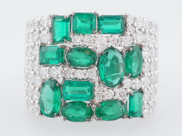 Right Hand Ring Modern 2.25 Oval/Emerald Cut Emeralds & 1.79 Round Brilliant Cut Diamonds in 18k White Gold