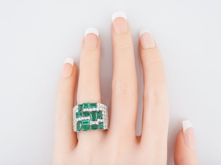 Right Hand Ring Modern 2.25 Oval/Emerald Cut Emeralds & 1.79 Round Brilliant Cut Diamonds in 18k White Gold