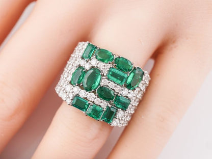 Right Hand Ring Modern 2.25 Oval/Emerald Cut Emeralds & 1.79 Round Brilliant Cut Diamonds in 18k White Gold