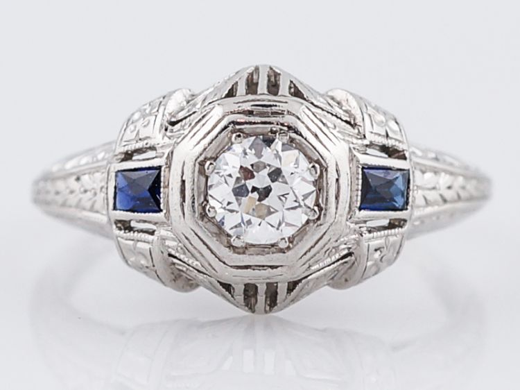 Art Deco Old Euro Diamond & Sapphire Engagement Ring