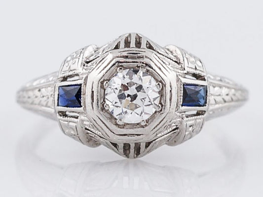 Art Deco Old Euro Diamond & Sapphire Engagement Ring