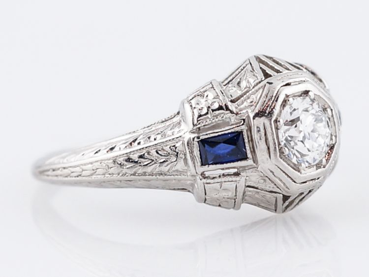 Art Deco Old Euro Diamond & Sapphire Engagement Ring