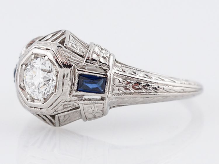 Art Deco Old Euro Diamond & Sapphire Engagement Ring