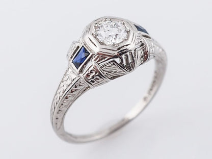 Art Deco Old Euro Diamond & Sapphire Engagement Ring