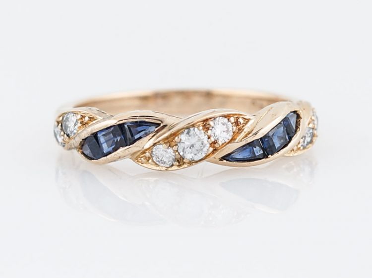 Right Hand Ring Modern .24 Round Brilliant Cut Diamonds & .38 Square Step Cut Sapphires in 18k Yellow Gold