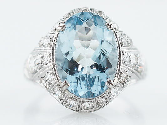 Antique Cocktail Ring Art Deco 3.70 Oval Cut Aquamarine in Platinum