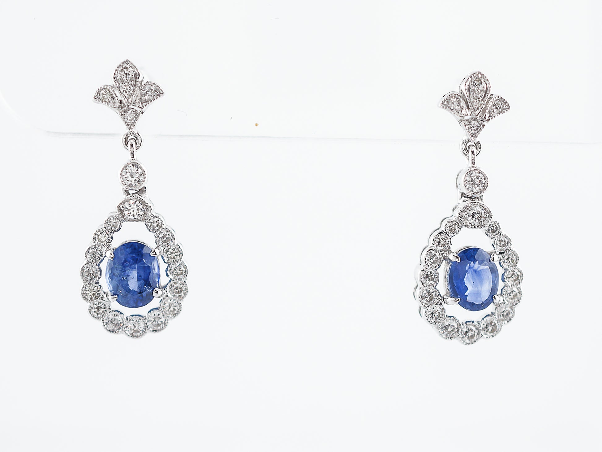 Earrings Modern 1.61 Oval Cut Sapphires & .61 Round Brilliant Cut Diamonds in 18k White Gold