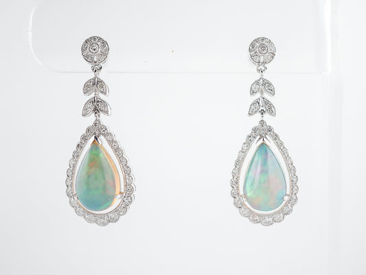 ***RTV***Earrings Modern 4.47 Cabochon Cut Opal & .94 Round Brilliant Cut Diamonds in 18k White Gold