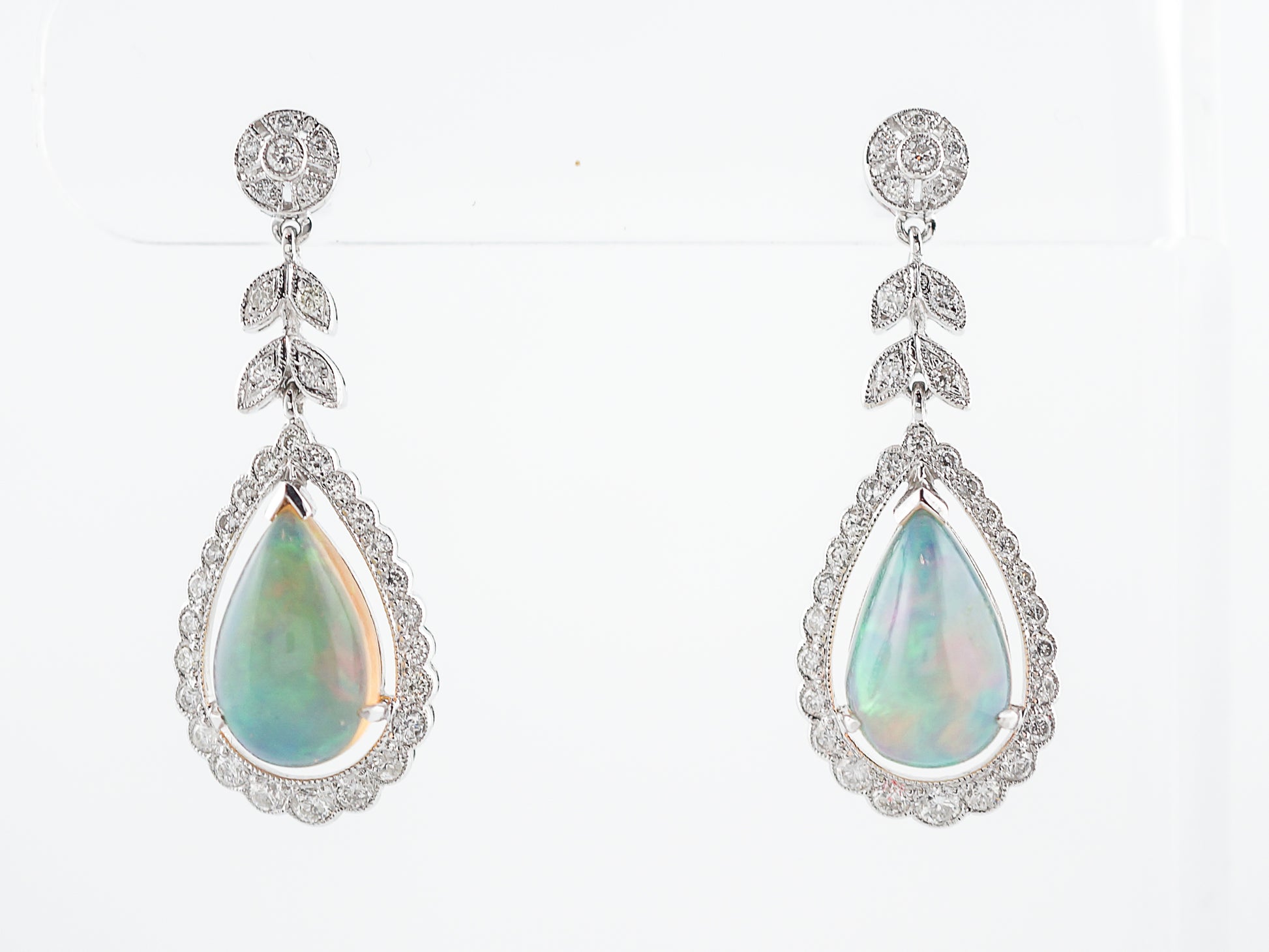 Earrings Modern 4.47 Cabochon Cut Opal & .94 Round Brilliant Cut Diamonds in 18k White Gold