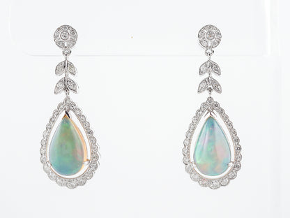 ***RTV***Earrings Modern 4.47 Cabochon Cut Opal & .94 Round Brilliant Cut Diamonds in 18k White Gold