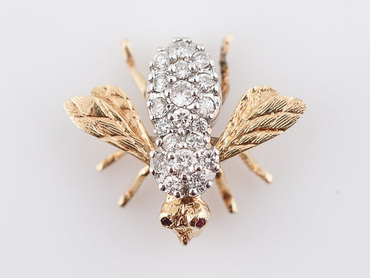 ***RTV*** Vintage Bee Pin Mid Century 1.00 Round Brilliant Cut Diamonds in 14k Yellow Gold