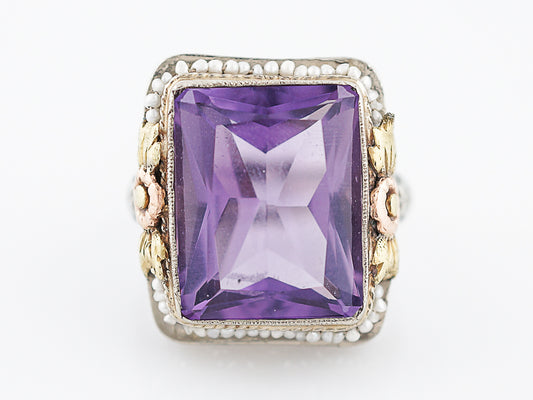 Antique Cocktail Ring Art Deco 10.43 Emerald Cut Amethyst in 14k Yellow, White & Rose Gold