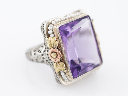 Antique Cocktail Ring Art Deco 10.43 Emerald Cut Amethyst in 14k Yellow, White & Rose Gold