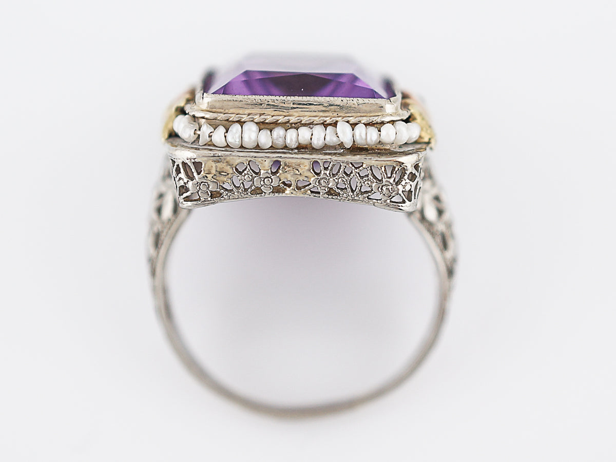 Antique Cocktail Ring Art Deco 10.43 Emerald Cut Amethyst in 14k Yellow, White & Rose Gold