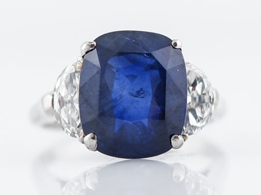 ***RTV***Engagement Ring Modern 6.40 Cushion Cut Sapphire & .60 Half Moon Cut Diamonds in Platinum