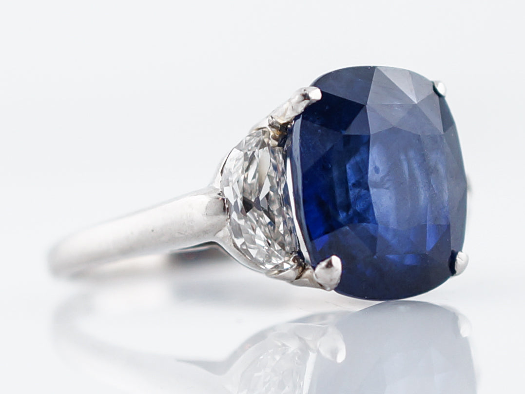 ***RTV***Engagement Ring Modern 6.40 Cushion Cut Sapphire & .60 Half Moon Cut Diamonds in Platinum