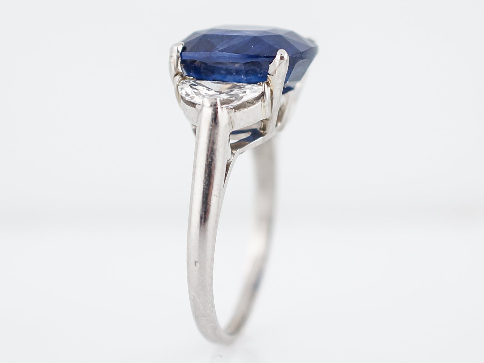 Engagement Ring Modern 6.40 Cushion Cut Sapphire & .60 Half Moon Cut Diamonds in Platinum