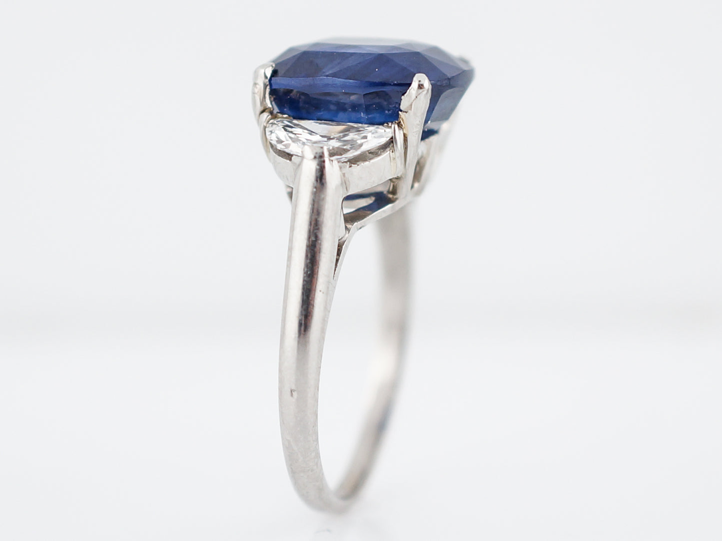 ***RTV***Engagement Ring Modern 6.40 Cushion Cut Sapphire & .60 Half Moon Cut Diamonds in Platinum