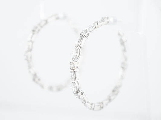 ***RTV***Hoop Earrings Modern 4.95 Marquise, Round & Baguette Cut Diamonds in 18K White Gold