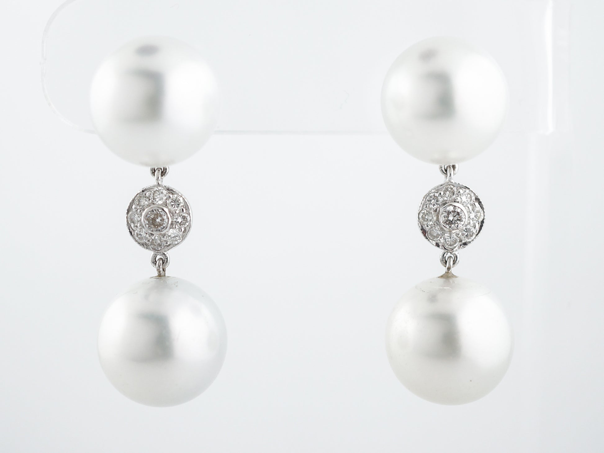 ***RTV***Dangle Drop Earrings Modern Pearls & .58 Round Brilliant Cut Diamonds in 18K White Gold