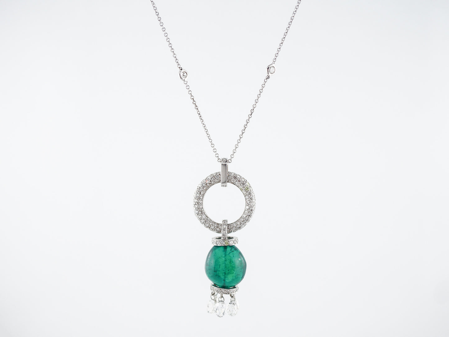 ***RTV***Necklace Modern 17.04 Emerald & 6.52 Round Brilliant Cut Diamonds in 18K White Gold