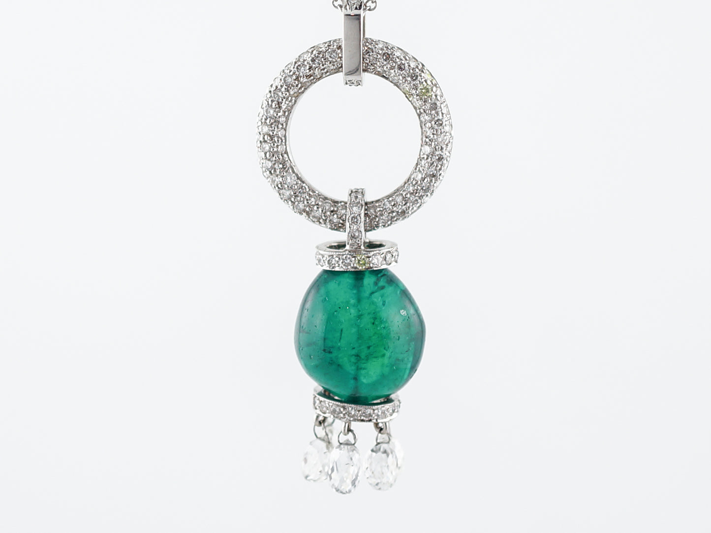 ***RTV***Necklace Modern 17.04 Carved Emerald & 6.52 Round Brilliant Cut Diamonds in 18K White Gold