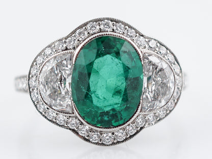 Right Hand Ring Modern 1.99 Oval Cut Emerald & 1.20 Half Moon & Single Cut Diamonds in Platinum