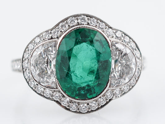 Right Hand Ring Modern 1.99 Oval Cut Emerald & 1.20 Half Moon & Single Cut Diamonds in Platinum