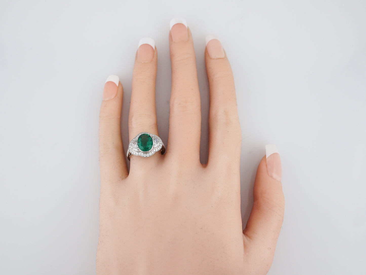 Right Hand Ring Modern 1.99 Oval Cut Emerald & 1.20 Half Moon & Single Cut Diamonds in Platinum