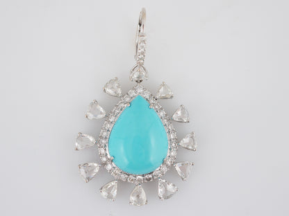 ***RTV***Earrings Modern 23.74 Cabochon Cut Turquoise & 8.82 Pear & Round Brilliant Cut Diamonds in 18K White Gold
