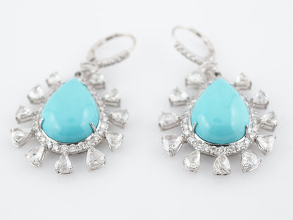 ***RTV***Earrings Modern 23.74 Cabochon Cut Turquoise & 8.82 Pear & Round Brilliant Cut Diamonds in 18K White Gold