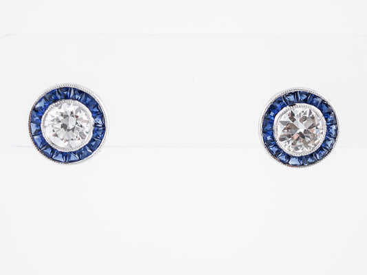 **RTV**Earrings Modern 1.56 Round Brilliant Cut Diamonds & French Cut Sapphire in Platinum