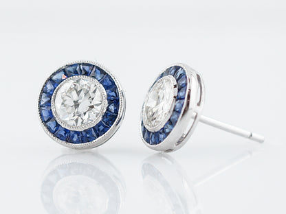 **RTV**Earrings Modern 1.56 Round Brilliant Cut Diamonds & French Cut Sapphire in Platinum