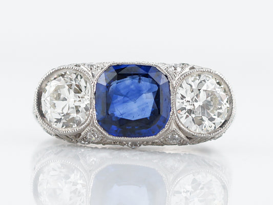 Antique Right Hand Ring Tiffany & Co Art Deco 2.16 Cushion Cut Sapphire & 1.94 old European Cut Diamonds in Platinum