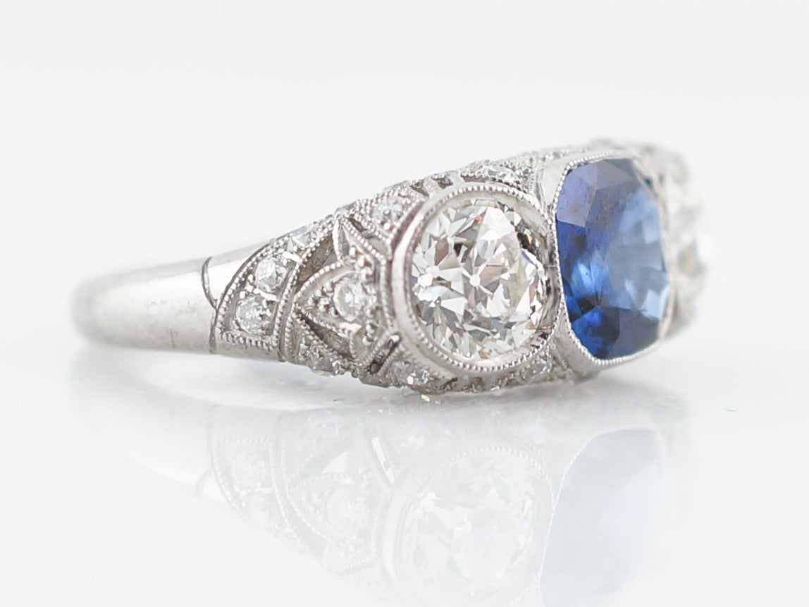 Antique Right Hand Ring Tiffany & Co Art Deco 2.16 Cushion Cut Sapphire & 1.94 old European Cut Diamonds in Platinum
