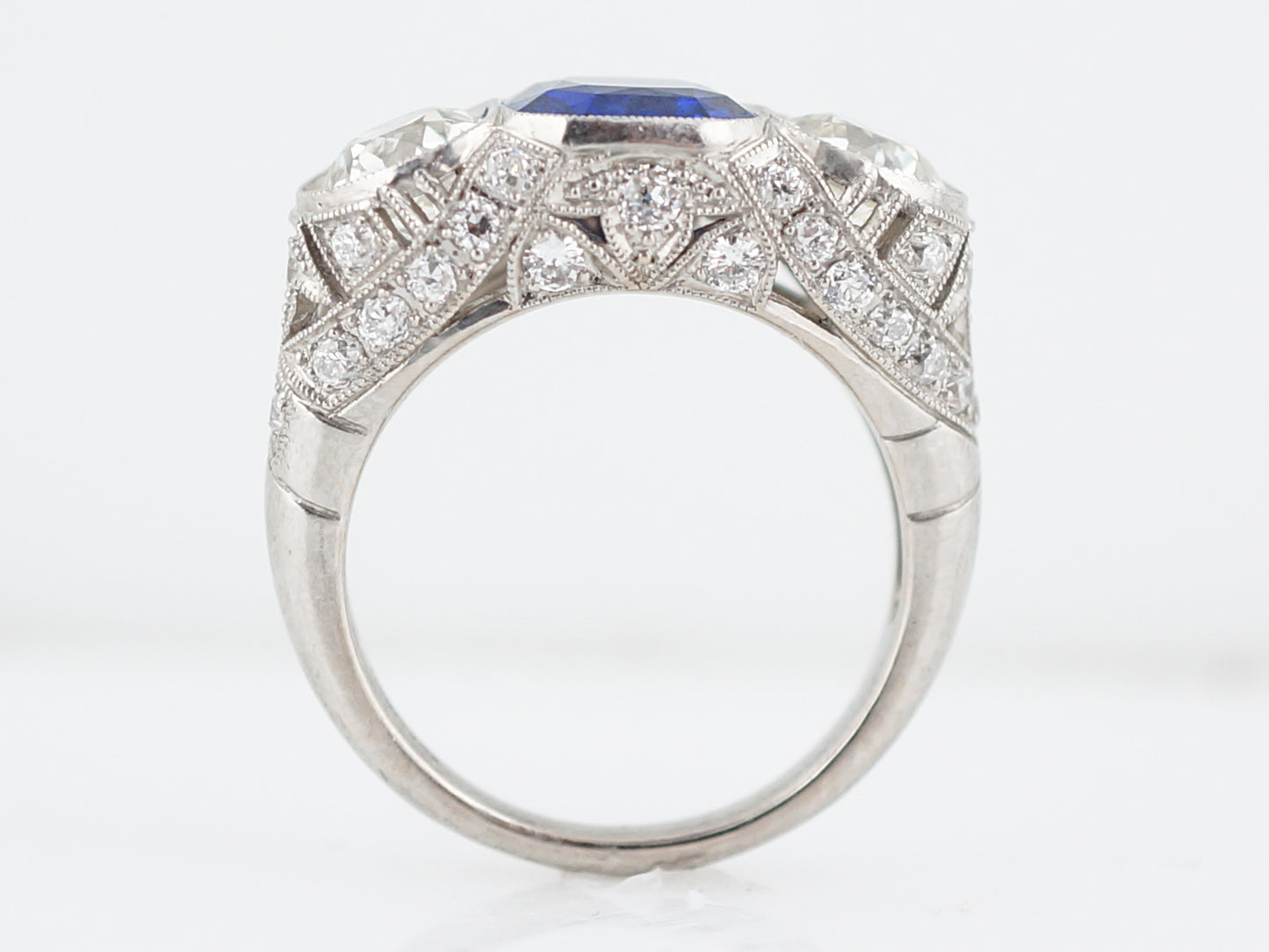 Antique Right Hand Ring Tiffany & Co Art Deco 2.16 Cushion Cut Sapphire & 1.94 old European Cut Diamonds in Platinum