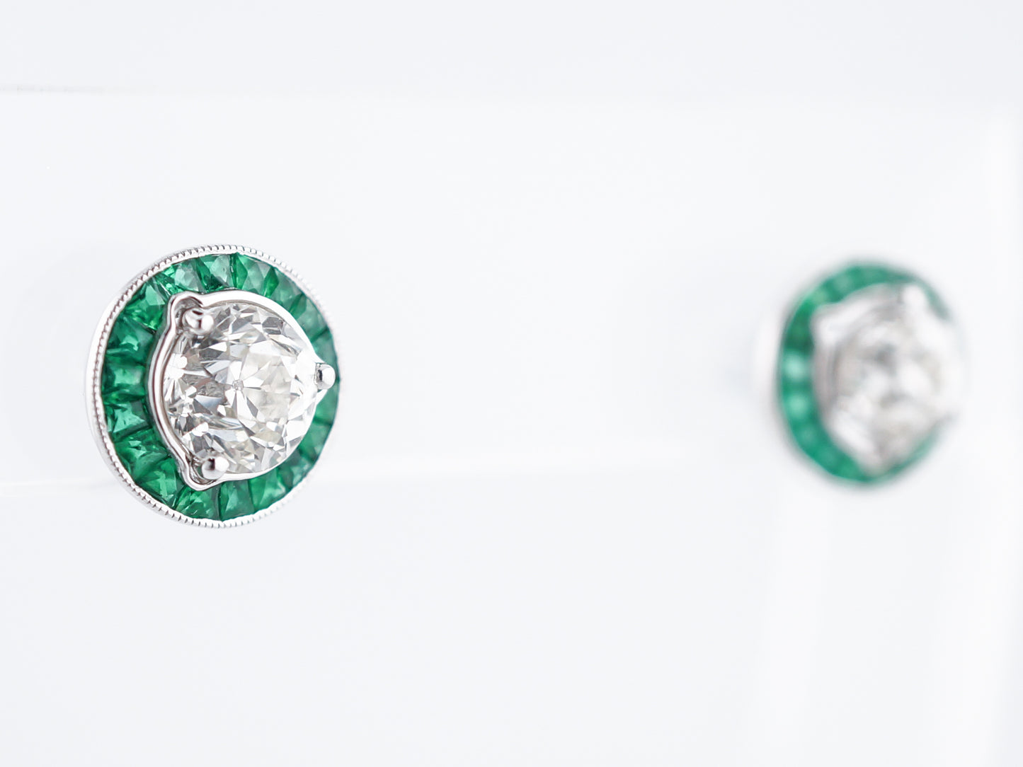 **RTV 1/10/19**Earrings Modern 1.83 Old Mine Cut Diamonds & .77 French Cut Emeralds in Platinum