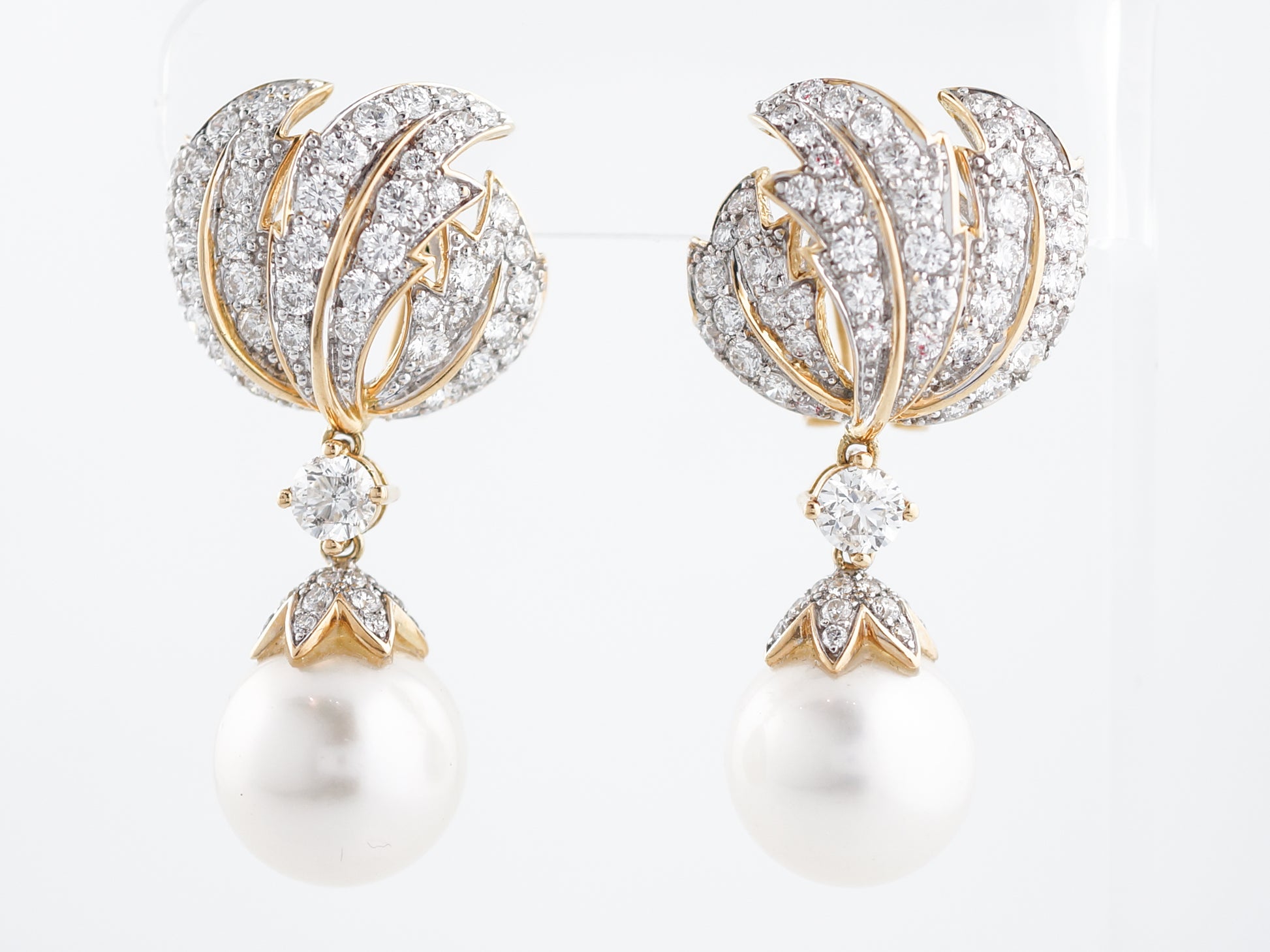 Earrings Modern South Sea Pearls & 8.20 Round Brilliant Cut Diamonds in 18K Yellow and White Gold