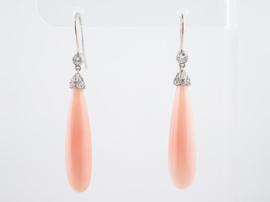 Antique Earrings Art Deco Cabochon Cut Angel Skin Coral & .22 Round Brilliant Cut Diamonds in 18K White Gold
