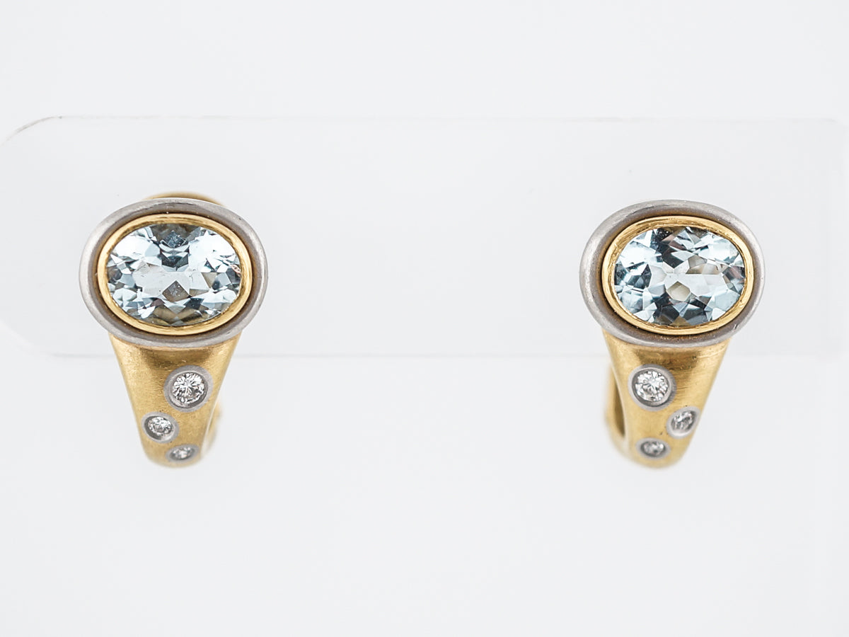 Modern Earrings 1.38 Oval Cut Aquamarine & Diamonds in 18k Yellow Gold & Platinum