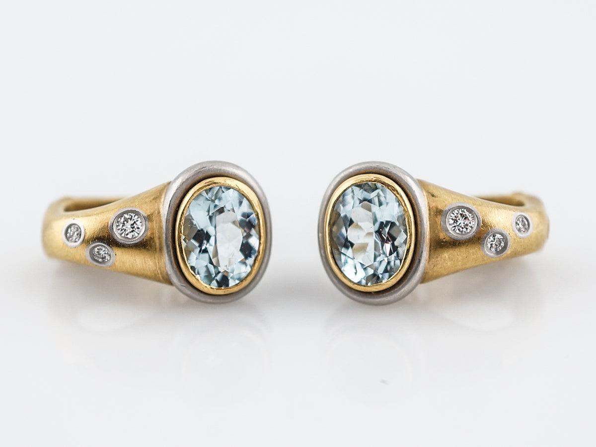 Modern Earrings 1.38 Oval Cut Aquamarine & Diamonds in 18k Yellow Gold & Platinum
