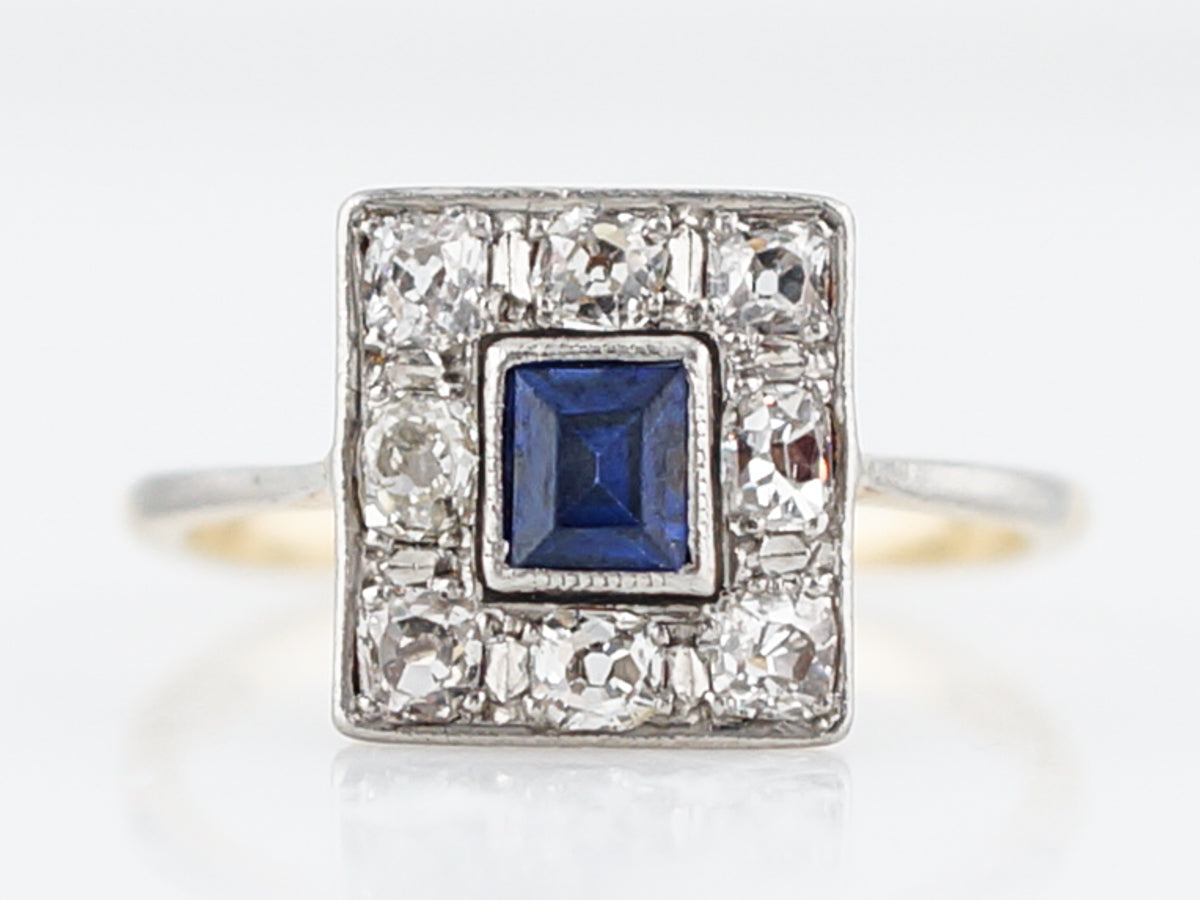 ***RTV 5/23/19***Antique Right Hand Ring Art Deco .17 Square Step Sapphire in 18K Yellow Gold & Platinum