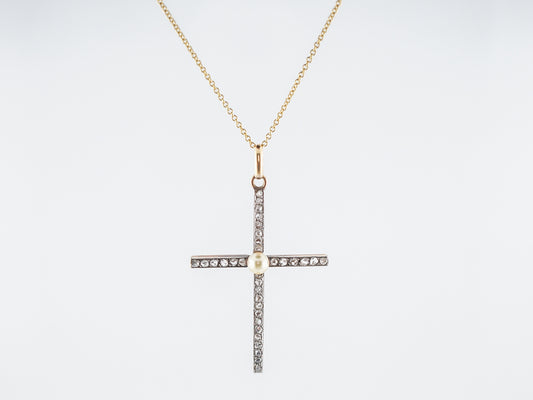 Antique Cross Necklace Victorian Pearl & .99 Rose Cut Diamonds in 14k Yellow Gold & Sterling Silver