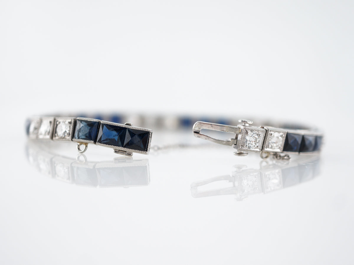 Antique Bracelet Art Deco 2.99 Old European Cut Diamonds & 7.60 French Cut Sapphire in Platinum