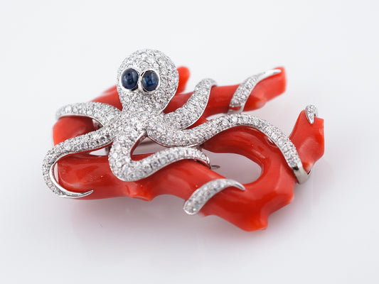 Octopus Brooch Modern 63.94 Coral & 2.68 Round Brilliant Diamonds in 18k White Gold
